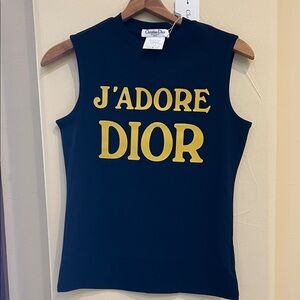Dior Navy Muscle Tee with Yellow 'J'Adore Dior' Logo medium made in Italy NWT